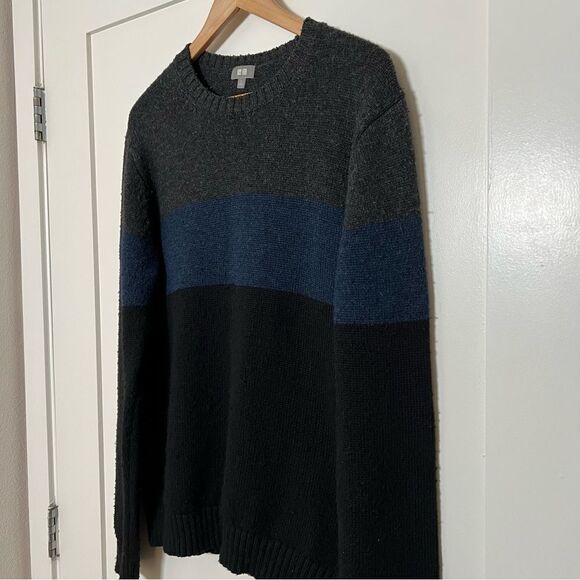 Uniqlo Heattech Sweater Mens Large Black Gray Stripe Knit Crew Neck Long Sleeve - Picture 4 of 12